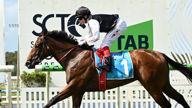 Tony Gollan-trained filly La Bella Boom surged into contention for the Magic Millions with a strong win at Sunshine Coast. Picture: Grant Peters/Trackside Photography