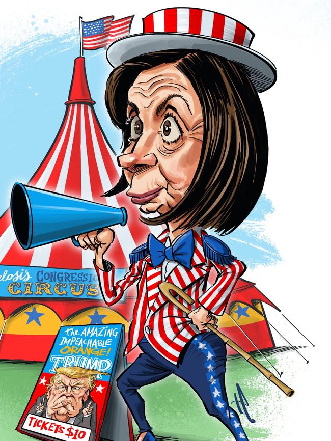 US Congressional leader Nancy Pelosi is the carnival barker for the Trump impeachment circus. Picture: Terry Pontikos