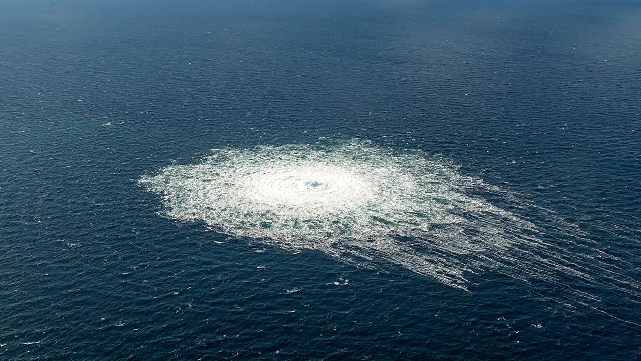 The gas leak at the Nord Stream 2 gas pipeline as it is seen from the Danish Defence’s F-16 rejection response off the Danish Baltic island of Bornholm, south of Dueodde. Picture: Danish Defence/AFP