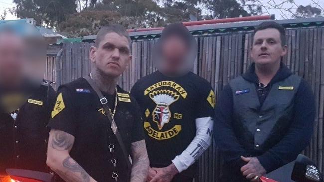 Former president of the Canberra chapter of the Satudarah outlaw bikie gang David Michael Evans (right), with current president Dean Stephen Reid (centre) and other members of the chapter. Picture: Facebook