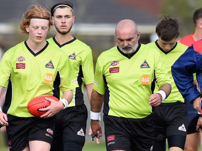 EDFL Football: Tullamarine v West Coburg at Tullamarine. Umpires at half time. Picture: Steve Tanner