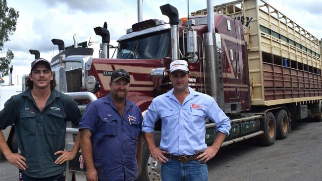 Tyrelle Ross, Paul Curtis and Alister Clarke of Gracemere Livestock Transport at the Gracemere saleyards.