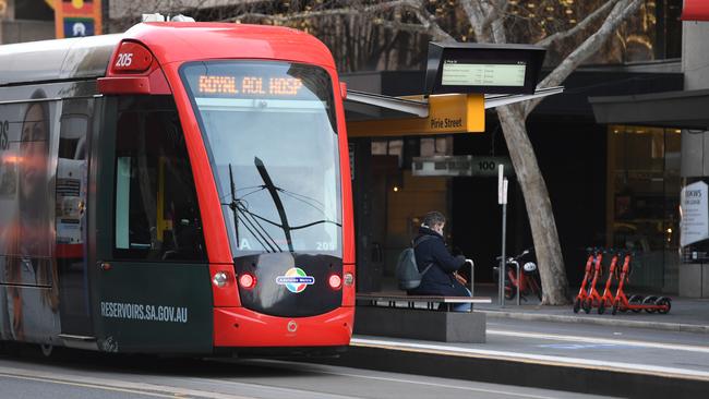 A tram at the King William Street stop in the Adelaide CBD. Picture: Tricia Watkinson