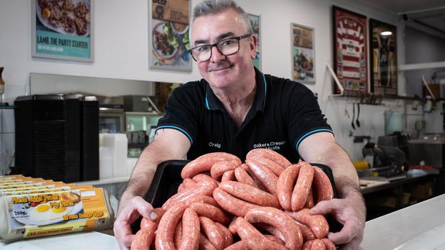 Baker Crescent Meats owner Craig Horner and his award-winning sausages. Picture: Julian Andrews