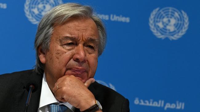 After describing the attacks by Hamas as appalling United Nations Secretary-General Antonio Guterres then added 'the attacks didn’t happen in a vacuum' and that 'the Palestinian people have been subjected to 56 years of suffocating occupation'. Picture: AFP