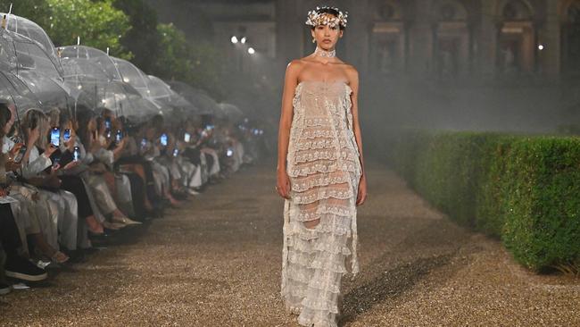 A model walks the runway during the Dior Women Cruise 26 fashion collection show at Villa Albani Torlonia, in Rome on May 27, 2025. (Photo by Andreas SOLARO / AFP)