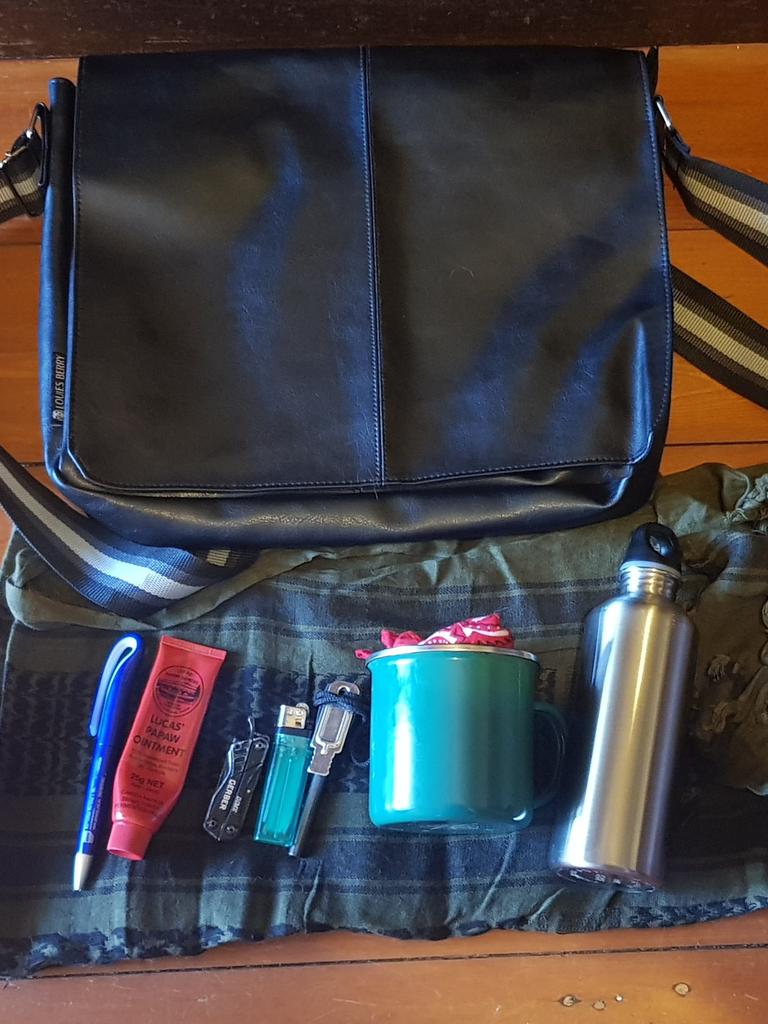 Mathew’s 'EDC' or everyday carry bag, containing basic survival tools needed for any situation