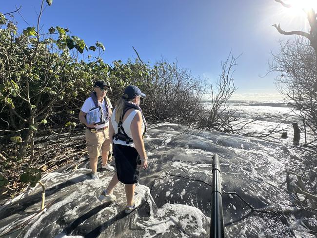 Rising tides and swell have surged over Bribie Island off the Sunshine Coast, threatening to destroy parts of the island. Source: Pumicestone Passage Catchment Management Body