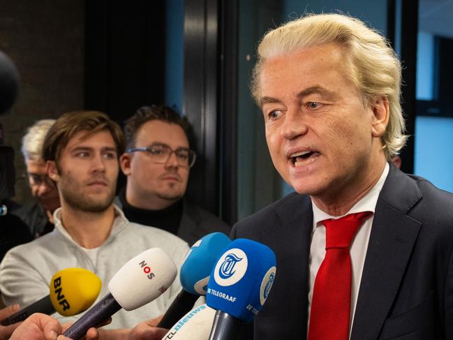 THE HAGUE, NETHERLANDS - NOVEMBER 24: Geert Wilders, Dutch right-wing politician and leader of the Party for Freedom (PVV), speaks to the media during a break in negotiations with other party leaders to form a governing a coalition government following Wilders' victory in Wednesday's general election, on November 24, 2023 in The Hague, Netherlands. The Netherlands' right-wing, anti-EU leader Geert Wilders won the most votes in parliamentary elections on November 22, and will now face the country's political parties to form a government. (Photo by Carl Court/Getty Images)