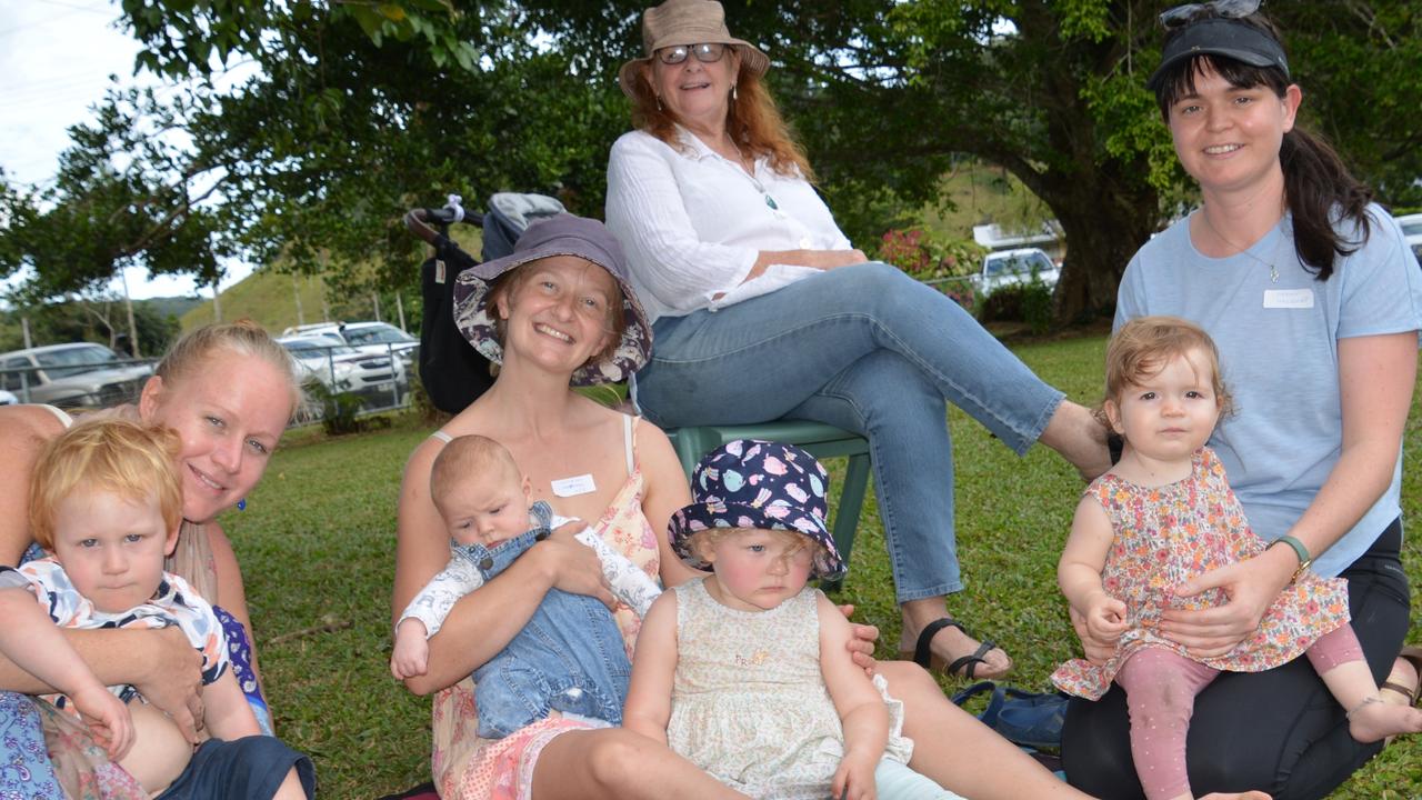 Daintree State School 2024 Centenary Celebration: Karina Hose, Jayse Williams, 2, Ada Pasanen, Lenox Smith, 1, Leia Smith, 2, Chloe Helbert, Alana Walsh, 11 months, and Kathleen Smith. Picture: Bronwyn Farr