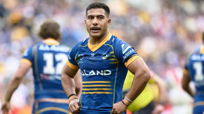 SYDNEY, AUSTRALIA - AUGUST 06: Will Penisini of the Eels looks on during the round 23 NRL match between Parramatta Eels and St George Illawarra Dragons at CommBank Stadium on August 06, 2023 in Sydney, Australia. (Photo by Brett Hemmings/Getty Images)