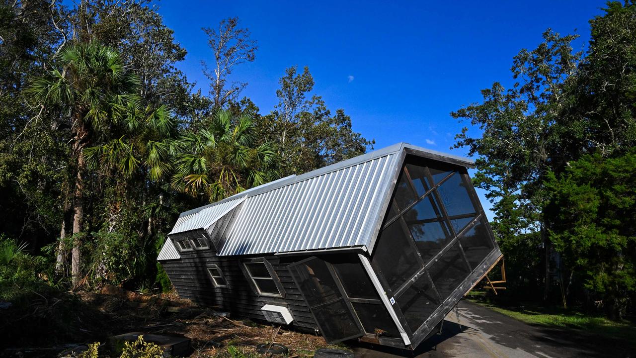 A displaced damaged mobile home is seen in the middle of a road after Hurricane Idalia. Picture: Chandan Khanna/AFP