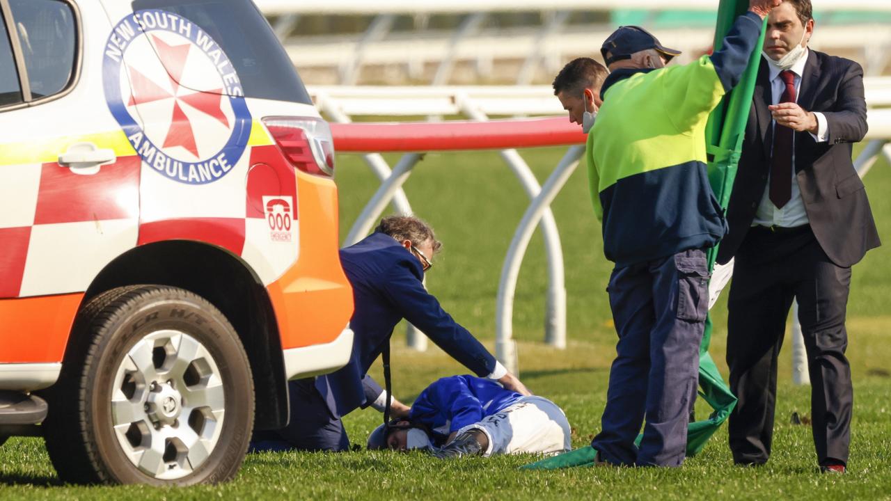 Brenton Avdulla receives attention after the fall. Picture: Getty Images