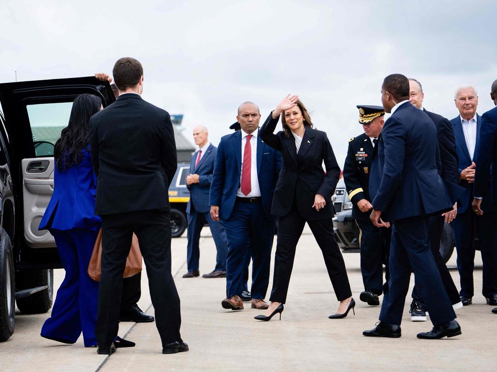 Kamala Harris arrives on air force Two at Delaware National Air Guard base in New Castle, Delaware. Picture: AFP