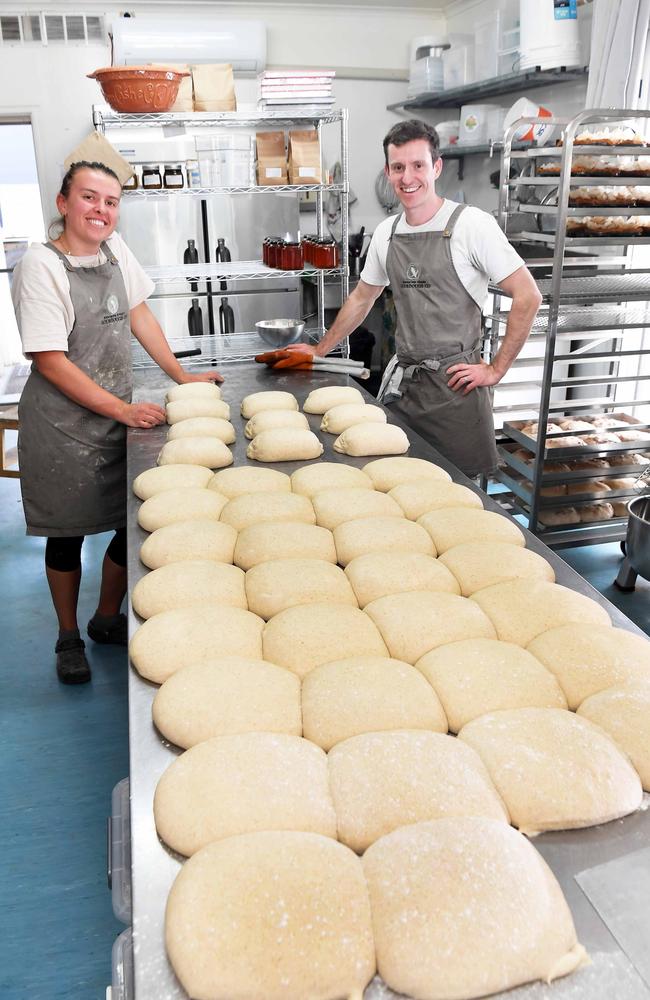 Sunshine Coast Sourdough Co owner Greg Turner with his assistant baker Hayley Dyer. Picture: Patrick Woods.