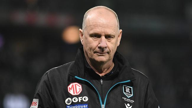 MELBOURNE, AUSTRALIA - JULY 15: Ken Hinkley, Senior Coach of the Power reacts following the 2023 AFL Round 18 match between the Carlton Blues and the Port Adelaide Power at Marvel Stadium on July 15, 2023 in Melbourne, Australia. (Photo by Morgan Hancock/AFL Photos via Getty Images)
