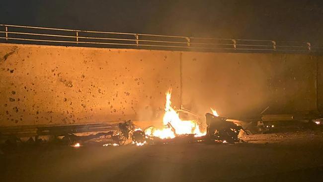 A burning vehicle at the Baghdad International Airport following the airstrike on Qassem Soleimani. Picture: AP