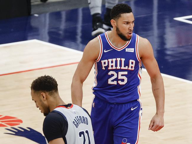 WASHINGTON, DC - MAY 31: Ben Simmons #25 of the Philadelphia 76ers celebrates during the first quarter against the Washington Wizards during Game Four of the Eastern Conference first round series at Capital One Arena on May 31, 2021 in Washington, DC. NOTE TO USER: User expressly acknowledges and agrees that, by downloading and or using this photograph, User is consenting to the terms and conditions of the Getty Images License Agreement.   Tim Nwachukwu/Getty Images/AFP == FOR NEWSPAPERS, INTERNET, TELCOS & TELEVISION USE ONLY ==