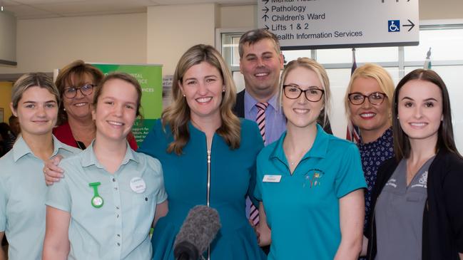 Ministers Shannon Fentiman and Mark Ryan at the Caboolture Hospital with nurses from TAFE and school-based programs. Photo: Yvonne Packbier.