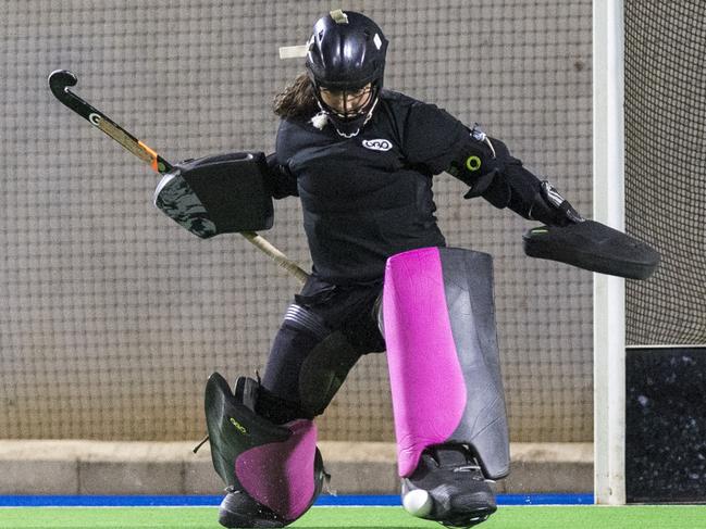 Bobbie Hamlet makes a save for Ruhles Rebels against SQPS Scorers in Club Glenvale Challenge round five women's hockey at Clyde Park, Friday, March 12, 2021. Picture: Kevin Farmer