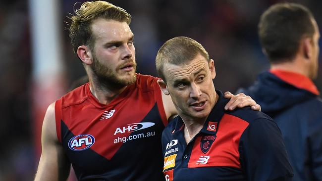 Jack Watts and coach Simon Goodwin during Melbourne’s win over Collingwood.