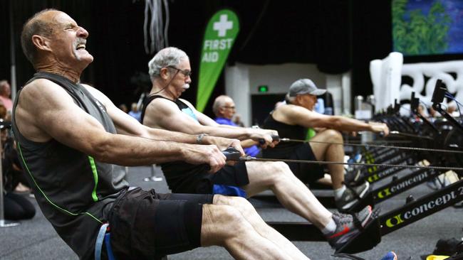 Peter Beare competing in the indoor rowing at the 2018 Pan Pacific Masters.