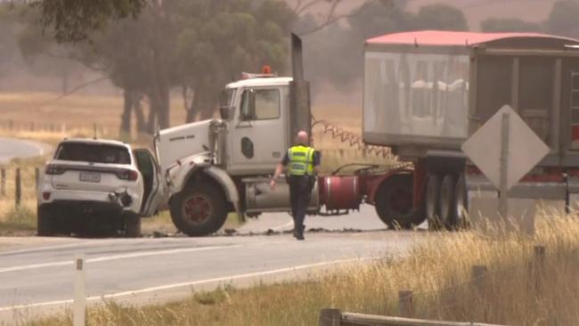 A man and a woman have been injured after a car and a truck collided on the Horrocks Highway, at Tarlee, on December 6, 2024, about 9.30am. Picture: 7NEWS