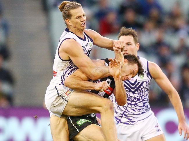 Nat Fyfe made contact with Levi Greenwood in this incident. Picture: Getty Images