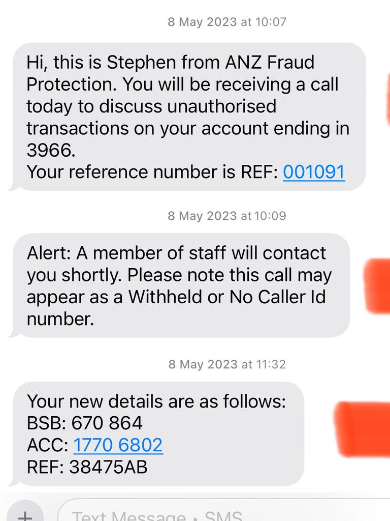 The messages from the scammers appearing in the same thread as legitimate ANZ texts. Picture: Supplied