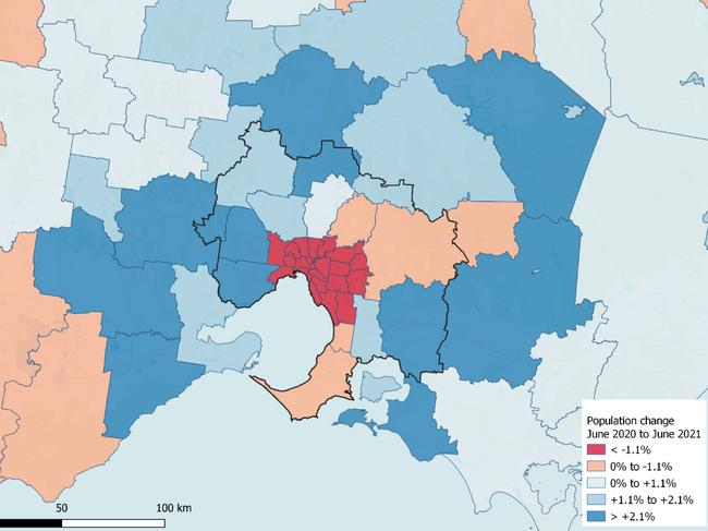 Melbourne: population change by local government area 2019-2021 Data source: ABS