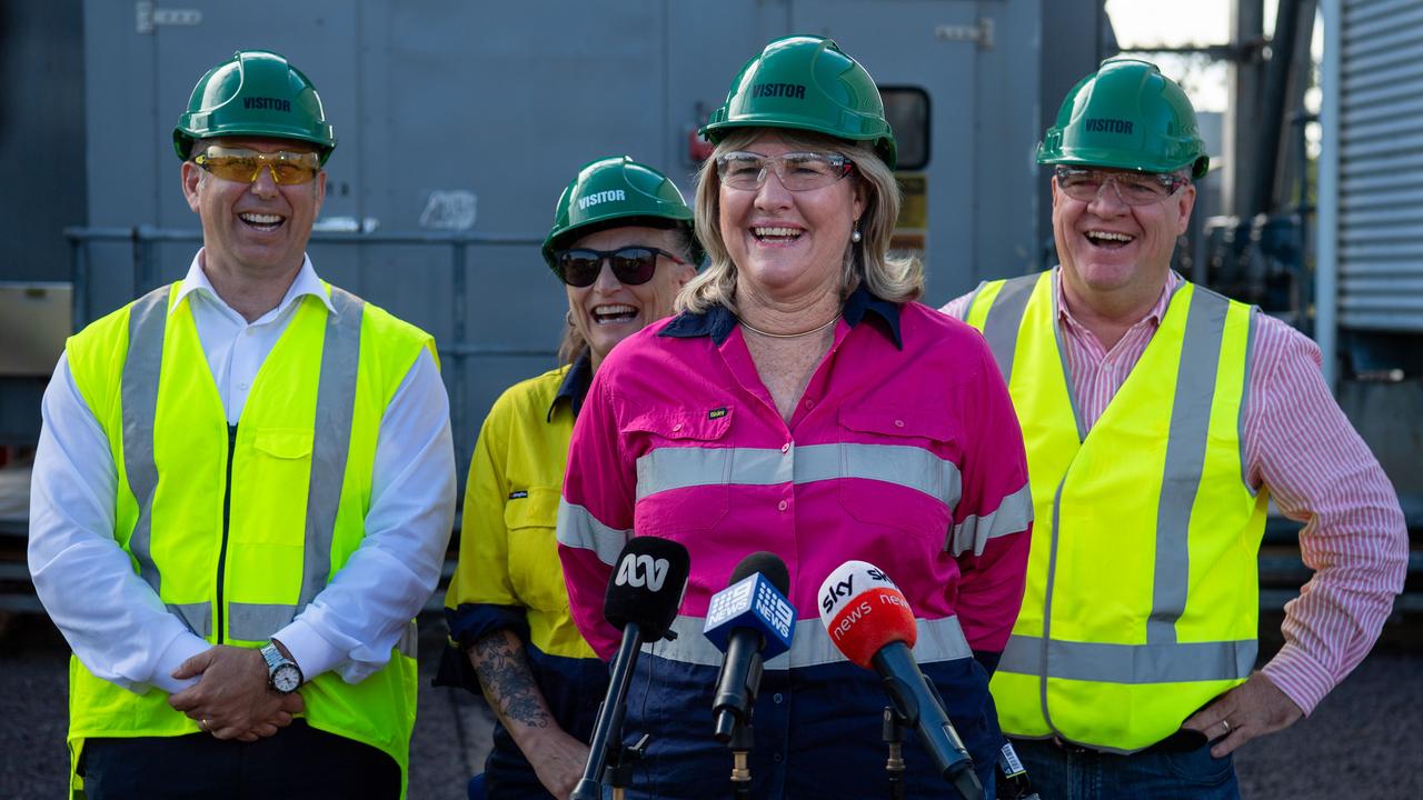 Tamboran Resources Chief Executive Joel Riddle, Environment Minister Kate Worden, Chief Minister Eva Lawler and Mining Minister Mark Monaghan welcomed a deal to supply almost two-thirds of the NT’s gas. Picture: Pema Tamang Pakhrin