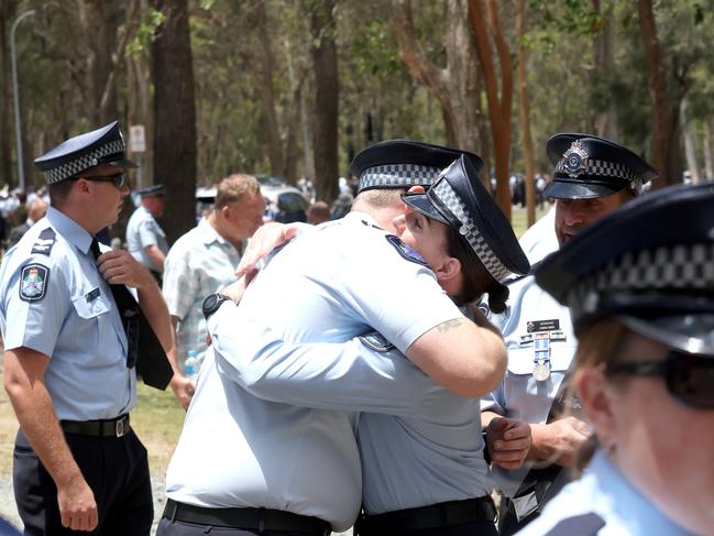 Mourners at the memorial service with full police honours for constables Rachel McCrow and Matthew Arnold at Brisbane Entertainment Centre. Picture: Steve Pohlner