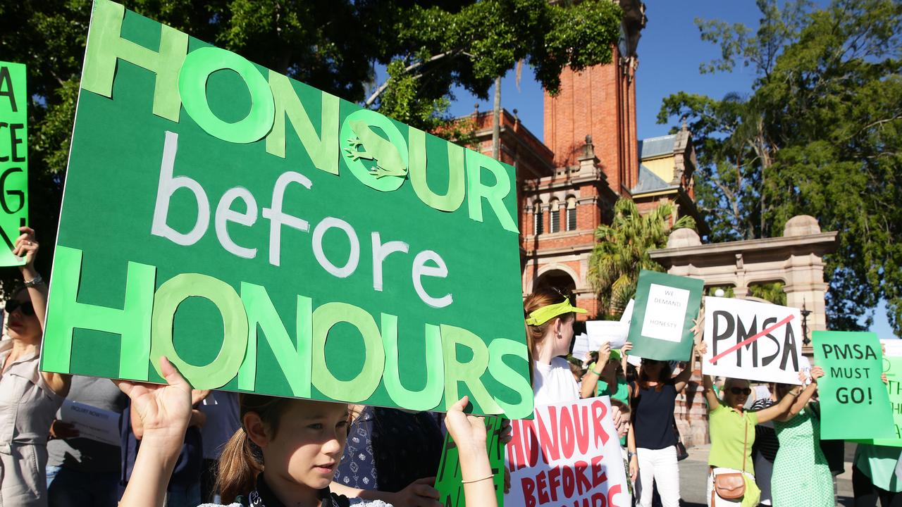 School motto: Somerville House students and parents demanding changes to the PMSA in 2017. Picture: AAP/Claudia Baxter.