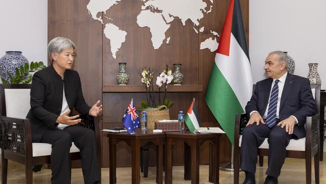 Senator Wong meets with Palestinian Prime Minister Mohammad Shtayyeh in Ramallah, in the occupied West Bank, in January. Picture: DFAT