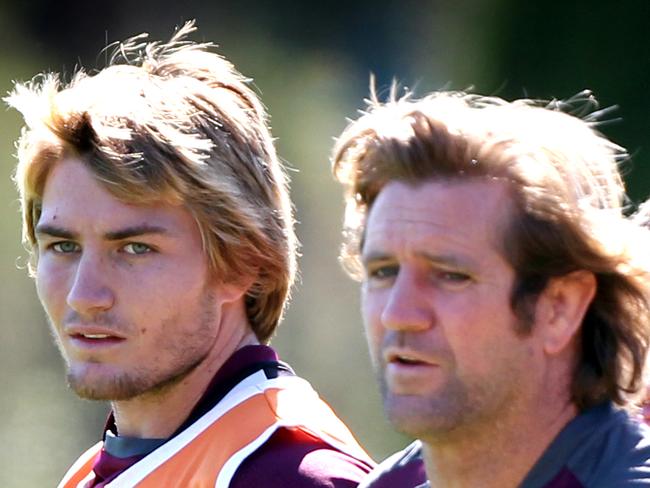 Kieran Foran (L) and coach Des Hasler during a Manly Sea Eagles NRL team training session at Narrabeen Sports Academy in Narrabeen, Northern Beaches of Sydney.