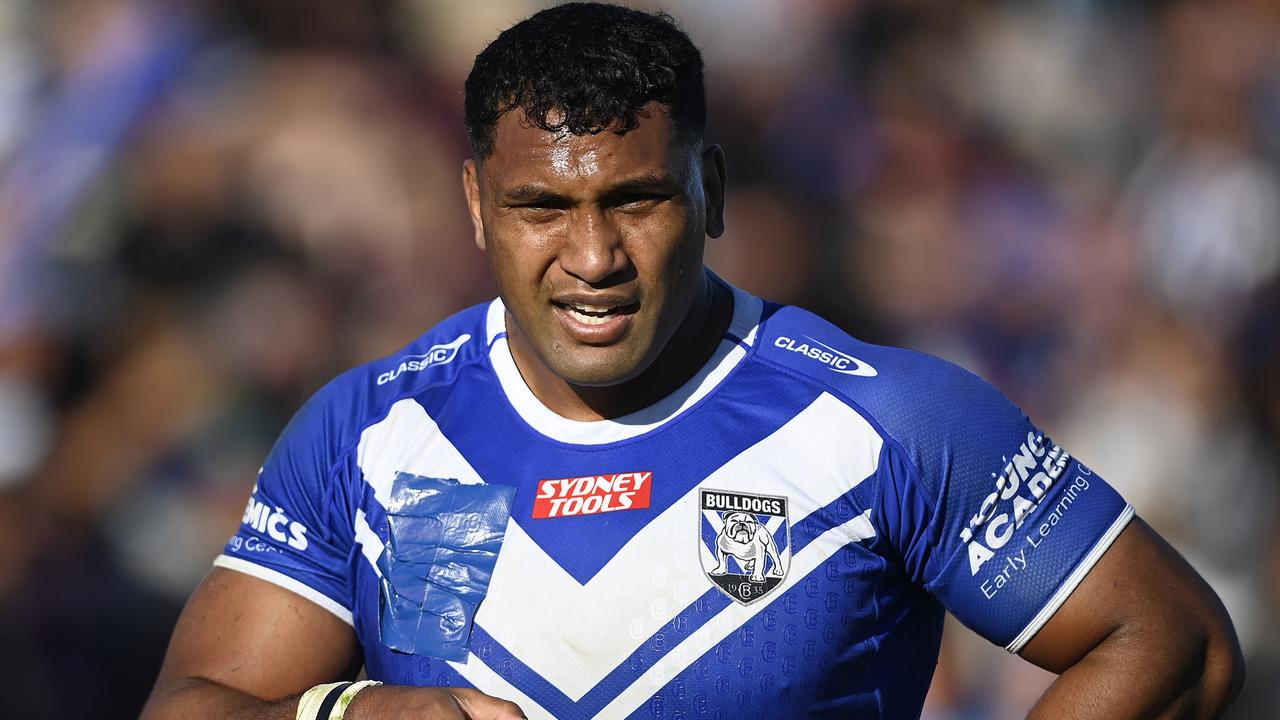 BUNDABERG, AUSTRALIA - JULY 30: Tevita Pangai Junior of the Bulldogs looks on during the round 22 NRL match between Canterbury Bulldogs and Dolphins at Salter Oval on July 30, 2023 in Bundaberg, Australia. (Photo by Ian Hitchcock/Getty Images)