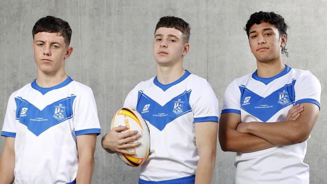 DAILY TELEGRAPH MAY 19, 2022. St DominicÃs College, Schoolboy NRL players from left Billy Thompson, Liam Ison and Cainan Hardiman at the school in Kingswood. Picture: Jonathan Ng