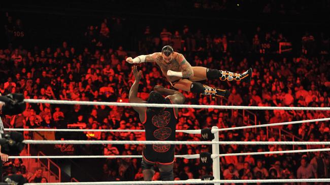 CM Punk in the ring with Mark Henry during a past WWE Monday Night Raw Supershow. (Photo by Moses Robinson/Getty Images)