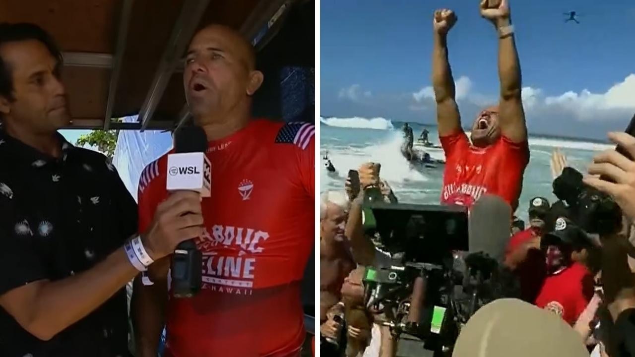 Kelly Slater wins Pipe. Photo: Twitter, @WSL, YouTube, World Surf League.