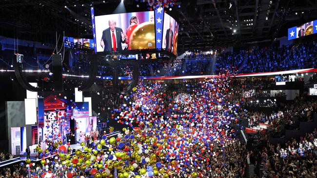 Donald Trump is joined by his family after formally accepting his party's nomination at the convention in Milwaukee. Picture: AFP