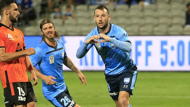 Adam Le Fondre celebrates scoring from the spot against Brisbane - his 15th goal of the season. Picture: Getty Images