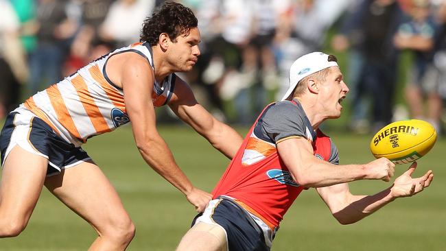 Steve Motlop tackles Scott Selwood at Geelong training.