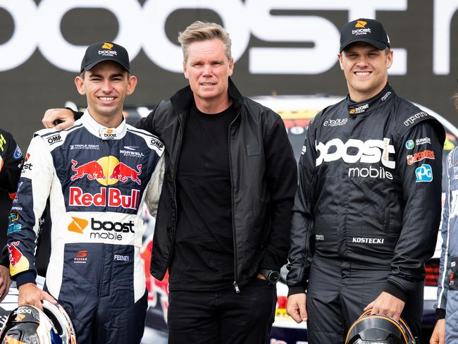 BATHURST, AUSTRALIA - FEBRUARY 25: (L-R) James Courtney driver of the #44 Boost Mobile Racing Ford Mustang, Brock Feeney driver of the #888 Triple Eight Race Engineering Holden Commodore ZB, Peter Adderton owner of Boost Mobile, Brodie Kostecki driver of the #99 Erebus Motorsport Holden Commodore ZB and Macauley Jones driver of the #96 Brad Jones Racing Holden Commodore ZB pose ahead of the Mount Panorama 500 which is part of the 2021 Supercars Season at Mount Panorama on February 25, 2021 in Bathurst, Australia. (Photo by Daniel Kalisz/Getty Images)