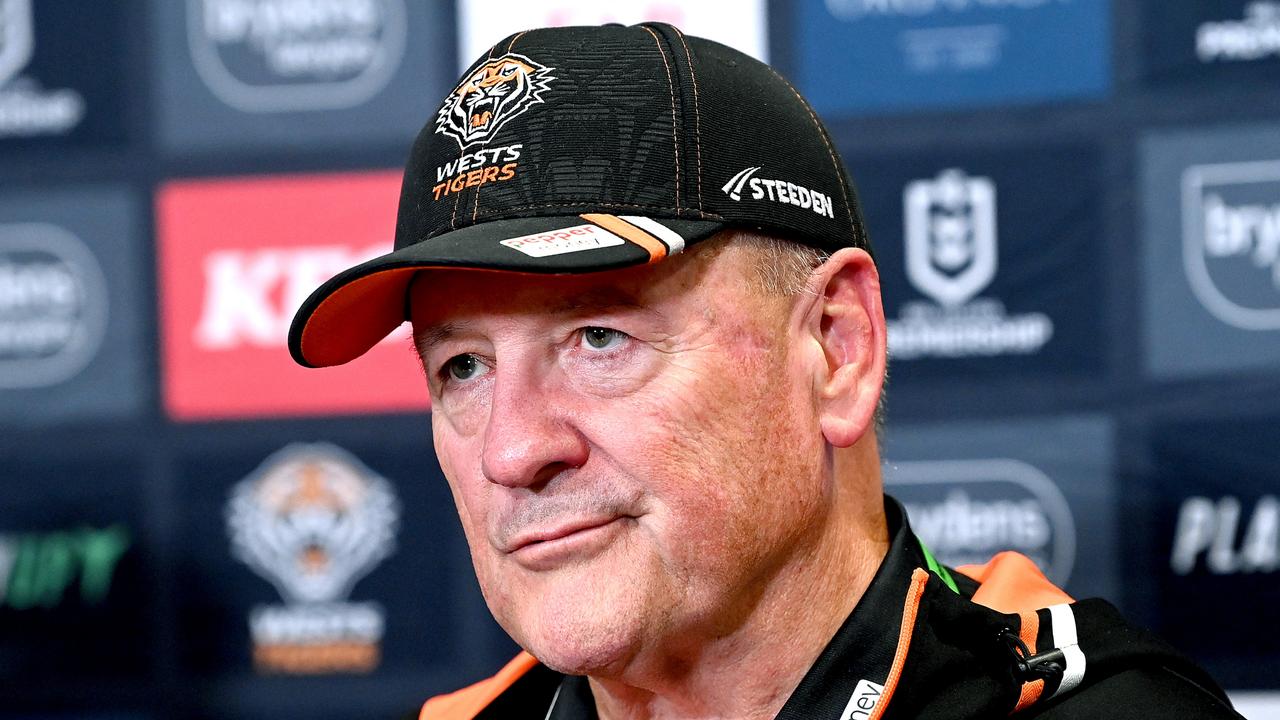BRISBANE, AUSTRALIA - APRIL 01: Coach Tim Sheens of the Tigers looks dejected as he speaks at a after match press conference after the round five NRL match between Brisbane Broncos and Wests Tigers at Suncorp Stadium on April 01, 2023 in Brisbane, Australia. (Photo by Bradley Kanaris/Getty Images)