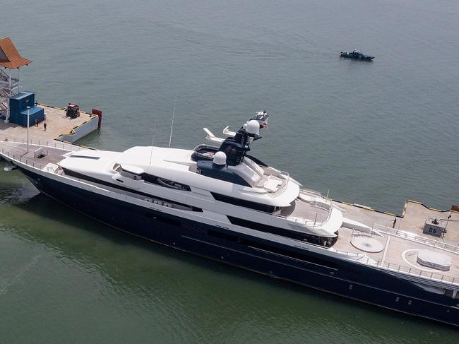 Equanimity, the 300-foot (90-metre) luxury yacht worth 250 million USD that belonged to Jho Low, a flamboyant international financier who allegedly played a central role in the 1MDB controversy that has engulfed former prime minister Najib Razak, arrives in Port Klang outside of Kuala Lumpur on August 7, 2018.  A luxury yacht allegedly paid for with funds from a multi-billion-dollar scandal that helped topple Malaysia's government arrived outside Kuala Lumpur on August 7, with authorities hoping it will help in their prosecution of the country's disgraced former leader.  / AFP PHOTO / STR