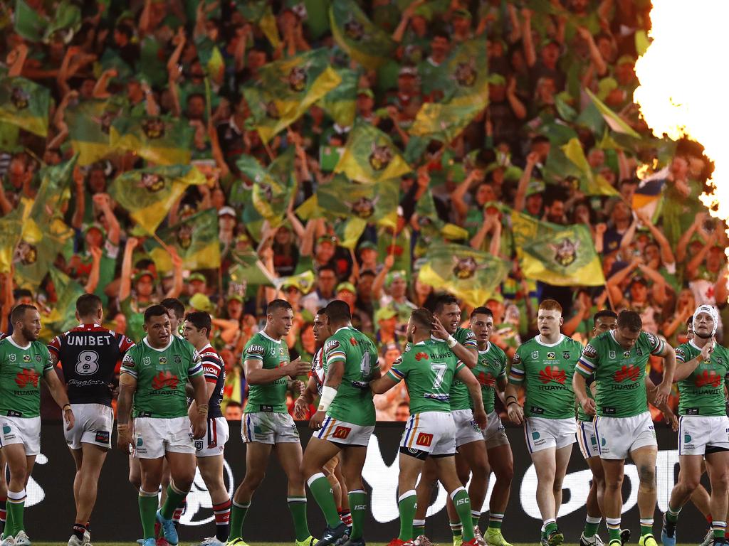 SYDNEY, AUSTRALIA - OCTOBER 06: The Raiders celebrate after Jack Wighton of the Raiders scored a try during the 2019 NRL Grand Final match between the Canberra Raiders and the Sydney Roosters at ANZ Stadium on October 06, 2019 in Sydney, Australia. (Photo by Ryan Pierse/Getty Images)