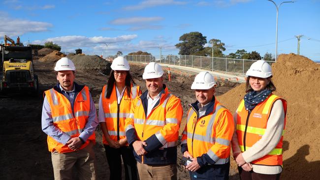 BlackCap Group general manager Jesse Brunskill, BlackCap Group director Natarsha Cooper, Minister Kerry Vincent, Civil Contractors Federation CEO Andrew Winch, and Sorell mayor Janet Gatehouse at Midway Point. Picture: Supplied