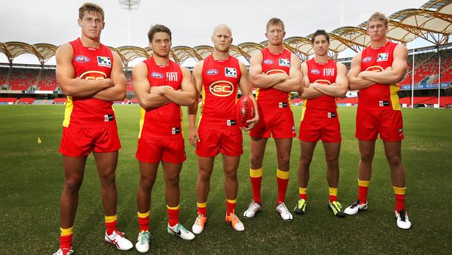 Photos of Gold Coast Suns players ahead of the 2014 AFL season. Photo of the Suns leadership team, (L-R) David Swallow, Deon Prestia, captain Gary Ablett, Nathan Bock, Michael Rischitelli and Tom Lynch. Picture: Brendan Radke.