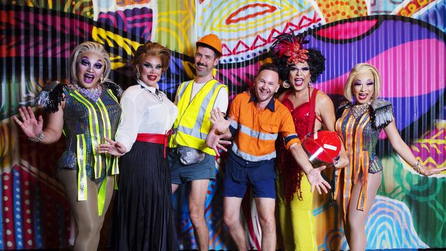 Darwin Festival Artistic Director Felix Preval and chief executive James Gough with Drag Territory Divas in Festival Park. Darwin Festival broke record numbers this year.