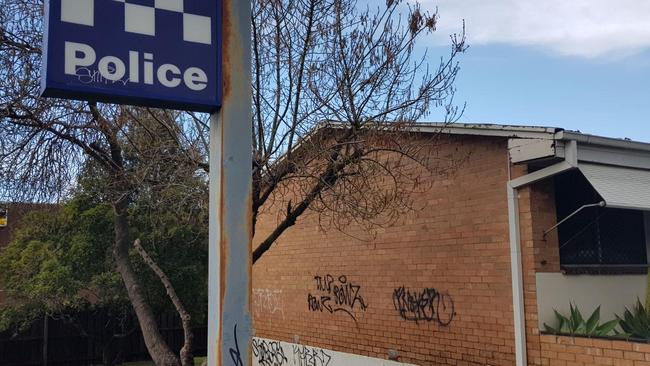 Burwood police station was sprayed with graffiti over the weekend. Picture: Supplied